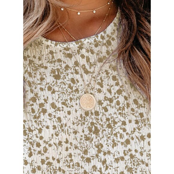 Women Khaki Print Blouse Crewneck Smocked Puff Sleeve Shirts Casual Babydoll Top - Picture 7 of 7